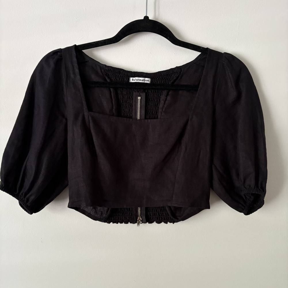 Reformation Yucca Linen Puff Sleeve Crop Top Black Size 0 Smocked Cottagecore